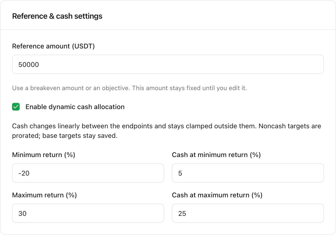 Rebalio dynamic cash settings with a sample reference of 50,000 USDT and cash targets between 5 and 25 percent.