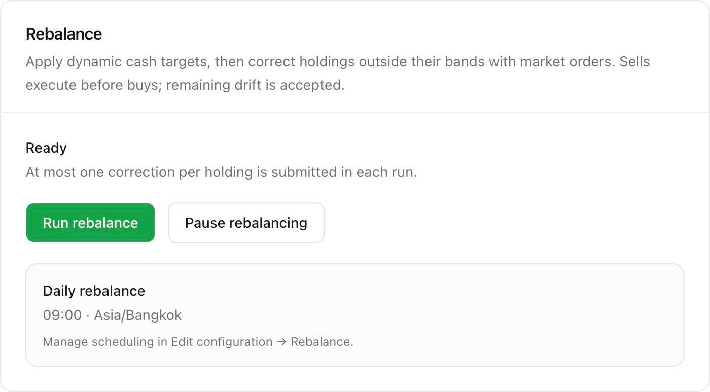 Rebalio rebalance controls showing ready status, Run rebalance, Pause rebalancing, and a daily run at 09:00.